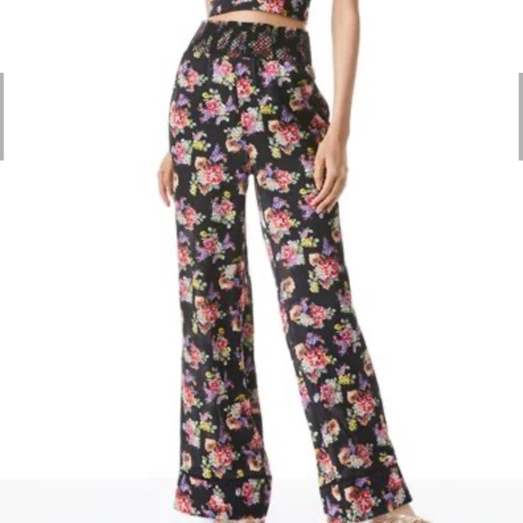 ALICE + OLIVIA SILKY HIGH WAIST PAJAMA PANTS IN BLACK FLORAL PRINT SIZE SMALL - Picture 10 of 13